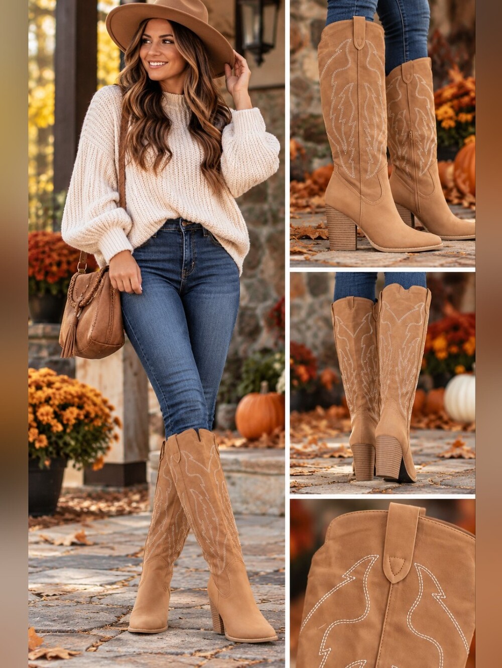 Women’s Tan Western Knee-High Heeled Boots - Elegant Fall Cowboy Style